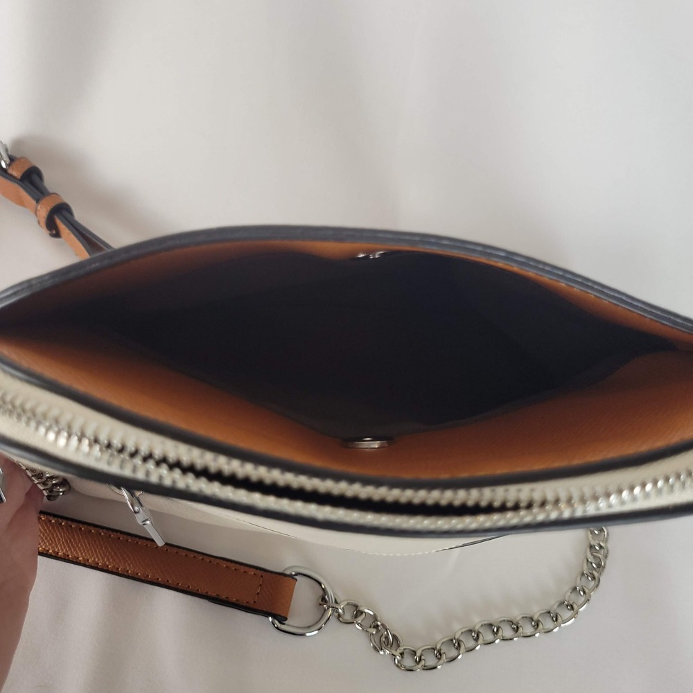Cluci Cream & Tan Saffiano Faux Leather Dome Crossbody Bag Silver Chain Strap - Picture 7 of 9